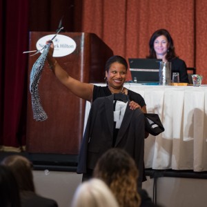 A Macy's stylist shows examples of attractive professional clothing
