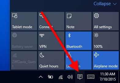 Windows 10 setting in Action Center