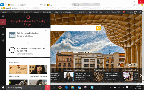 Windows 10 Cortana pane