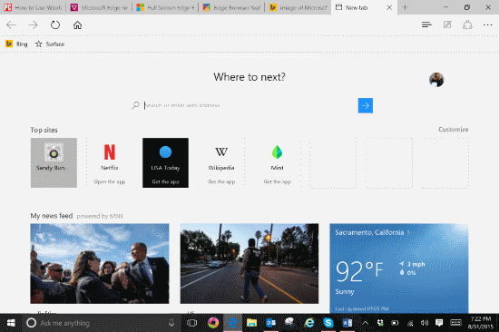 Windows 10 Web browser home page
