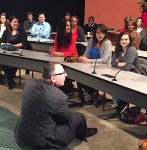 Steve Zinone addresses court reporting and captioning students at Cuyahoga Community College.