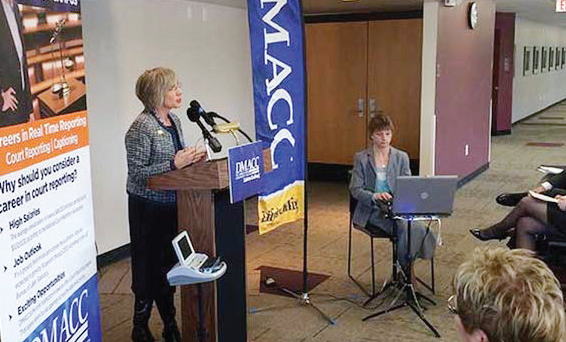 Dr. Mary Entz, Provost, DMACC-Newton holds a press conference to announce new court reporting program