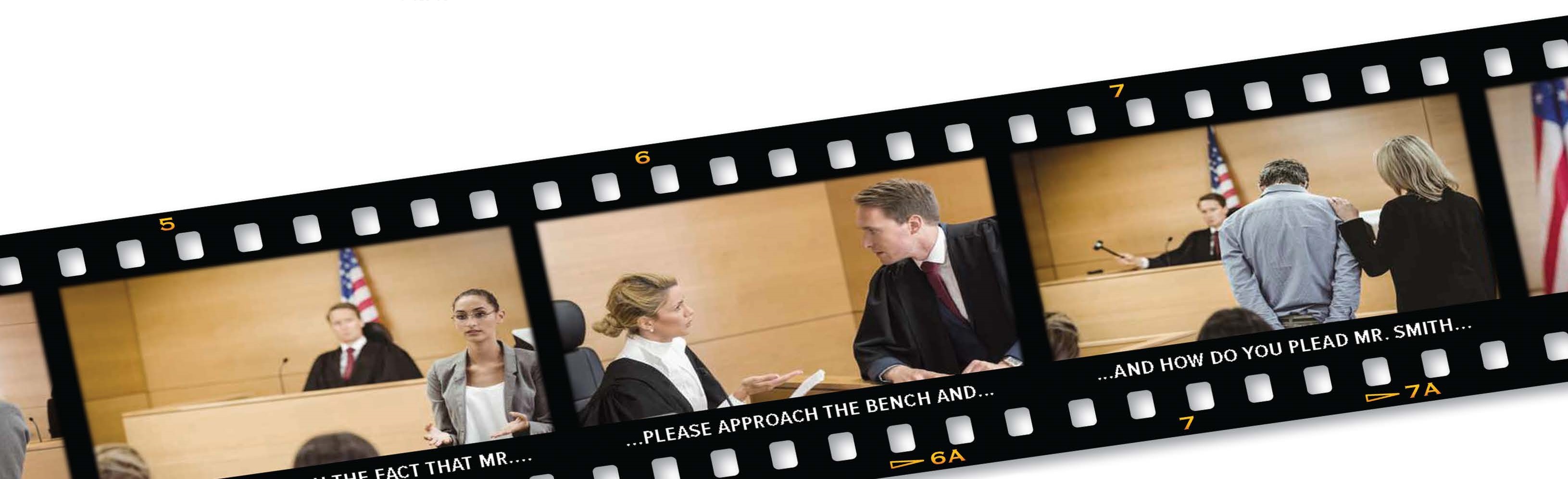 Film strip of court scenes with excerpts from the transcript at the bottom as captions.