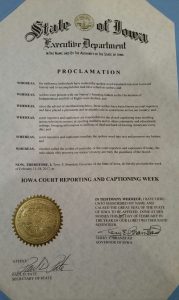 Proclamation for Court Reporting & Captioning Week in Iowa