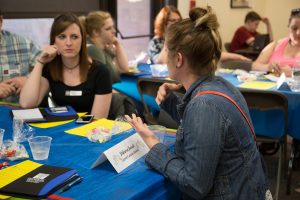 Stefanie Sweet, a current student enrolled in Tri-C’s court reporting and captioning program, shares some insight into campus life and educational curriculum with open house attendees.
