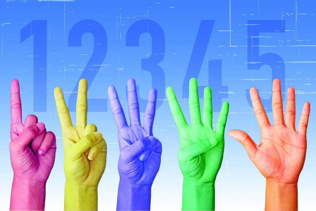 Five hands counting up 1 to 5 with fingers -- each hand is in a different color (pink, yellow, purple, green, and skin tone)