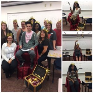 Collage of photos: In one, a groupd photo of people standing around a chair covered in red velvet cloth (one person is sitting in the chair); everyone is wearing gold plastic crowns and there is an open treasure chest. Along the side are three individual photos of smiling students sitting in the red velvet chair next to the treasure chest and holding a plastic sword or a ribbon streamer.