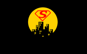 A red S in a superhero emblem hovers within a yellow circle, similar to a full moon, over the black outline of a city.