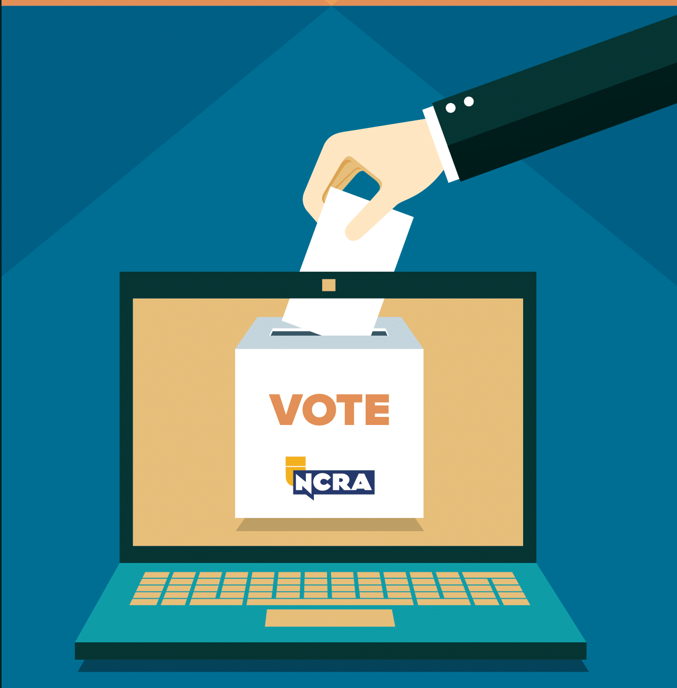 Graphic image of laptop computer with a hand dropping a ballot into the top of the laptop monitor. The monitor has a ballot box image on it with text that reads VOTE in red letters.