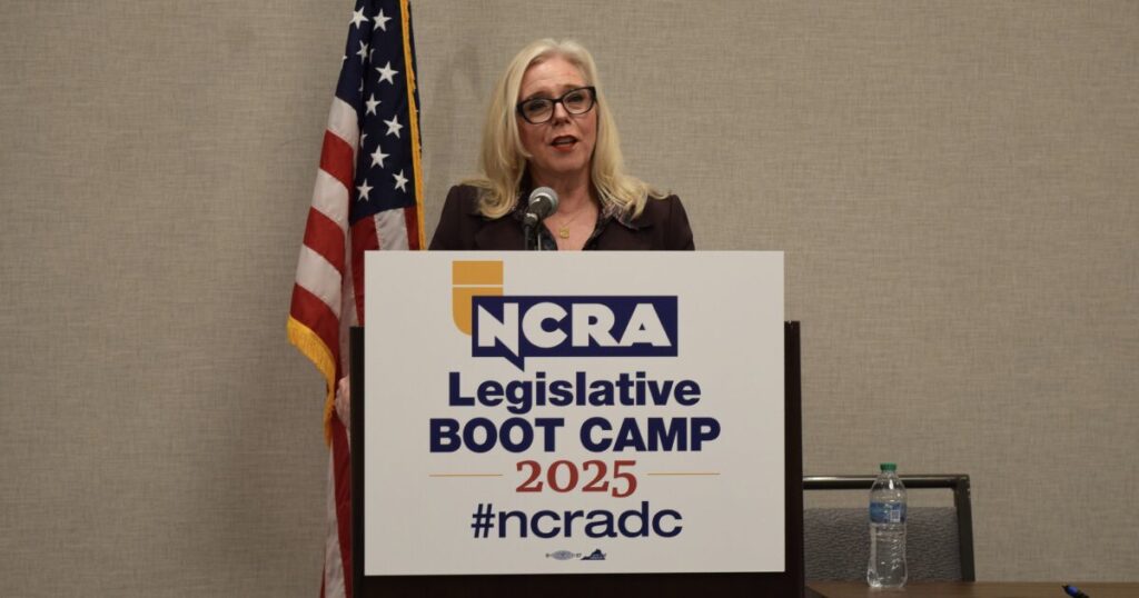 Virginia Commonwealth's Attorney Shannon Taylor delivers keynote remarks behind podium with sign that reads NCRA Legislative Boot Camp 2025 #ncradc