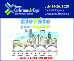 A drawing of the ouline of skyline of Minneapolis with a callout to register for the NCRA Conference