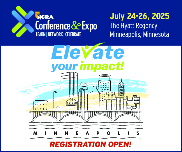 A drawing of the ouline of skyline of Minneapolis with a callout to register for the NCRA Conference