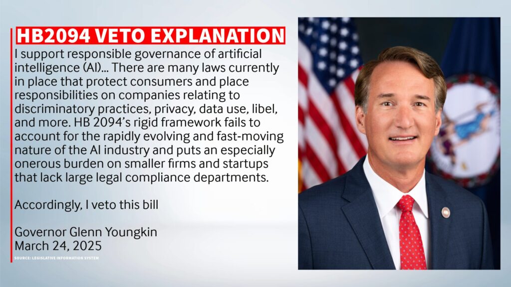 Picture of a man smiling in a business suit with an explanation of why he vetoed a state bill (HB2094)