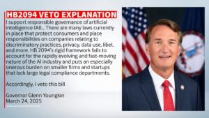 Picture of a man smiling in a business suit with an explanation of why he vetoed a state bill (HB2094)