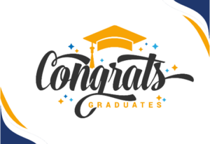 A drawing of a graduation cap over the words congrats graduates