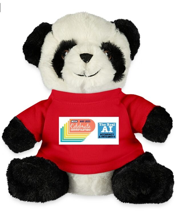 Stuffed panda bear wearing red logo t-shirt