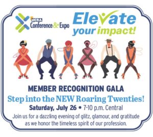 "Promotional graphic for the NCRA Conference & Expo Member Recognition Gala. Text reads: 'Elevate your impact! MEMBER RECOGNITION GALA. Step into the NEW Roaring Twenties! Saturday, July 26, 7–10 p.m. Central. Join us for a dazzling evening of glitz, glamour, and gratitude as we honor the timeless spirit of our profession.' The image features colorful illustrations of six dancers in 1920s-inspired attire against a white background.