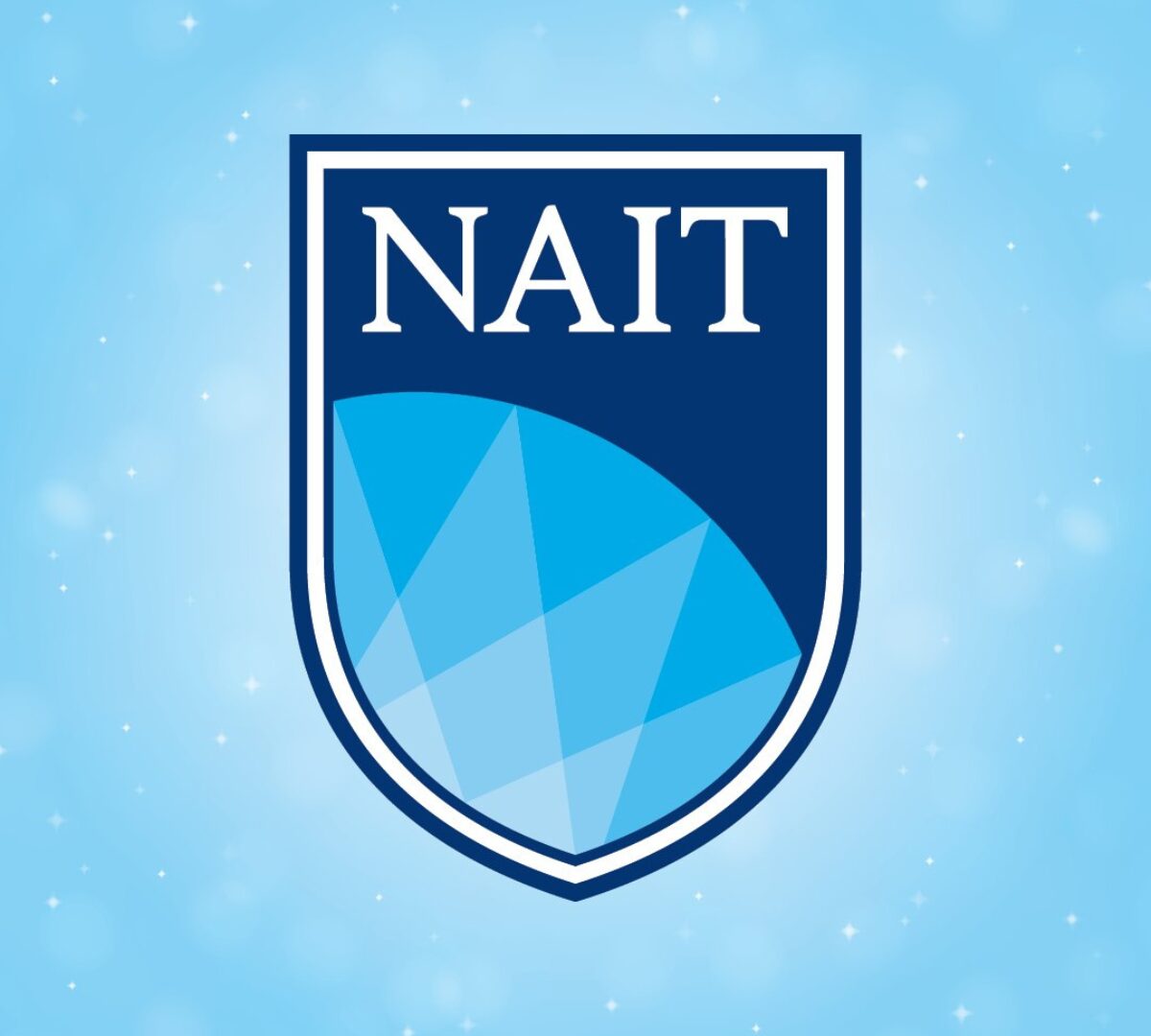 Logo of NAIT (Northern Alberta Institute of Technology) featuring a dark blue shield with the text 'NAIT' in white at the top, and a geometric light blue design resembling a faceted gemstone or globe in the lower portion. The background is light blue with soft bokeh lights and small white stars.