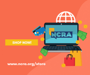 Graphic promoting the NCRA online bookstore. A laptop displays the NCRA logo with a globe icon behind it. Shopping bags, dollar bills, coins, and credit cards surround the laptop. Text reads “Bookstore Now Open” and includes a yellow button labeled “Shop Now!” with the URL www.ncra.org/store at the bottom.