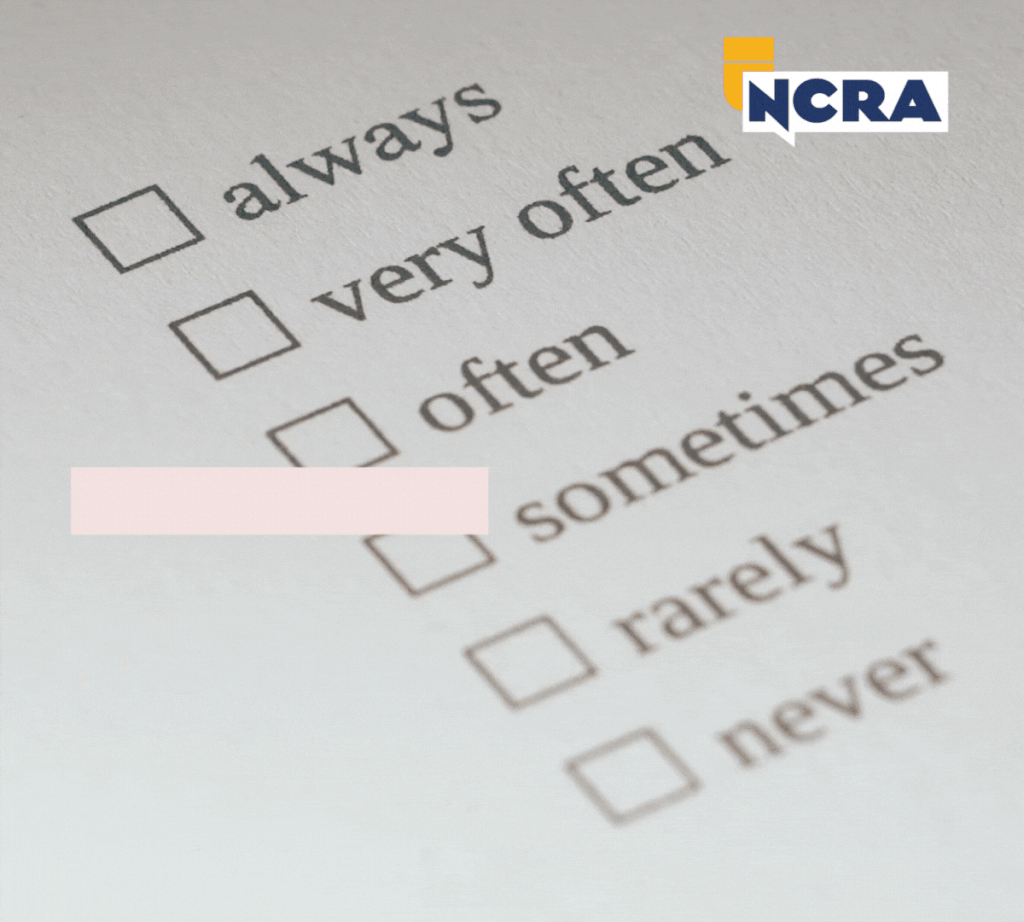 Animated GIF of a checklist with options: always, very often, often, sometimes, rarely, never. A pink bar highlights each option in sequence. NCRA logo is in the top right corner."