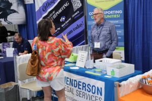People talking in an expo hall