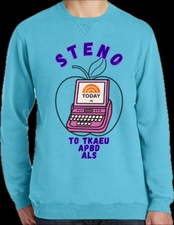 A blue sweatshirt with a picture of a steno machine and lettering