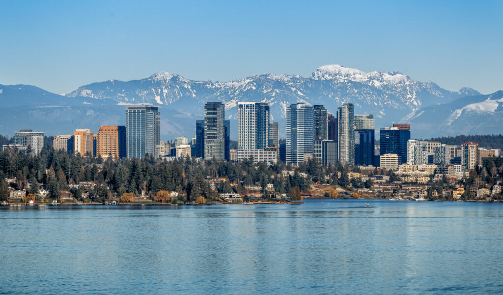 A city skyline along water