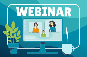 an illustration of three webinar presenters, a coffee cup, and a plant